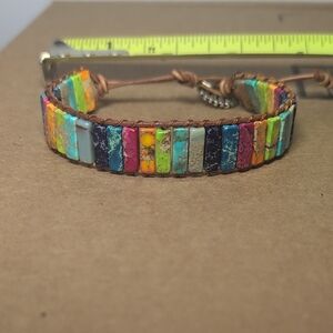 Handmade Multicolor Stone Tile Wrap Bracelet - Brown Cord